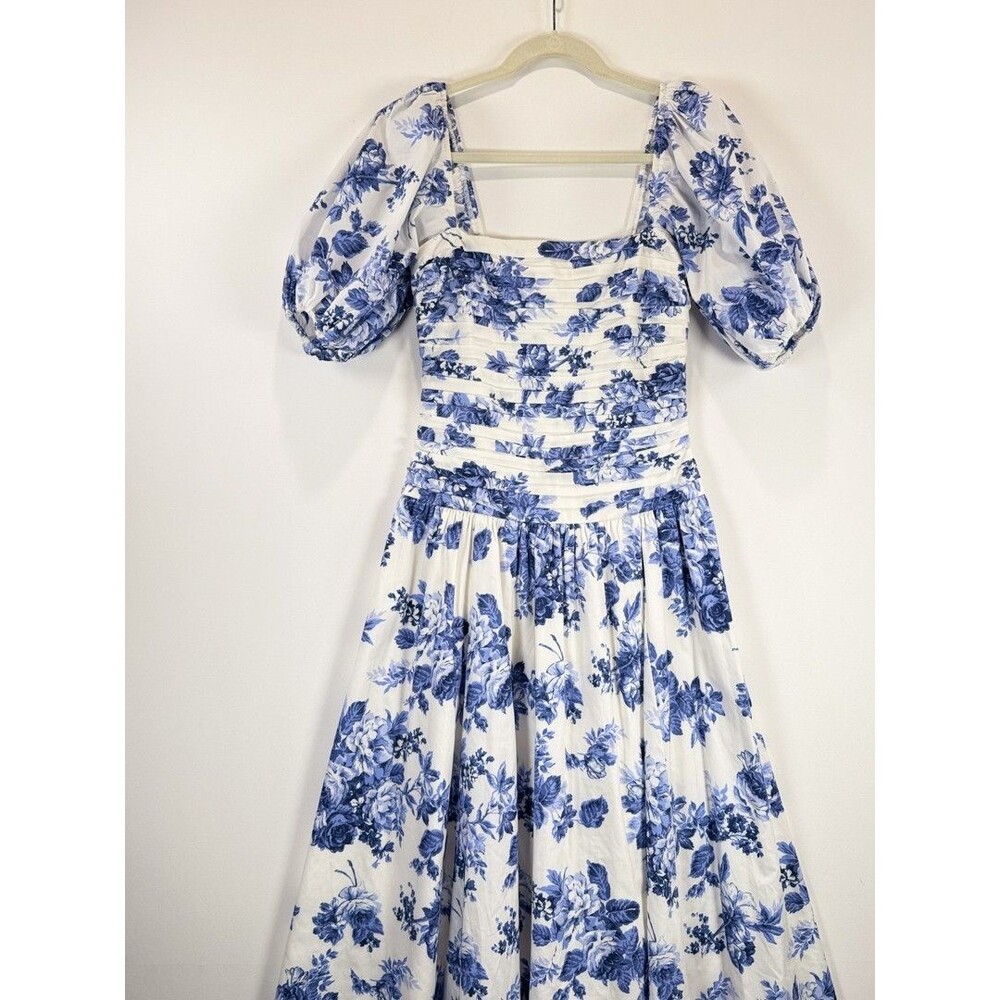 Abercrombie Fitch Midi Dress Blue Emerson Poplin Floral Puffed Pleated Boho XS - Picture 5 of 12